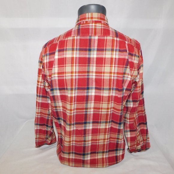 Eddie Bauer Men S Relaxed Fit Red Cream Blue Plaid Button Front LS Flannel Shirt - Picture 7 of 9